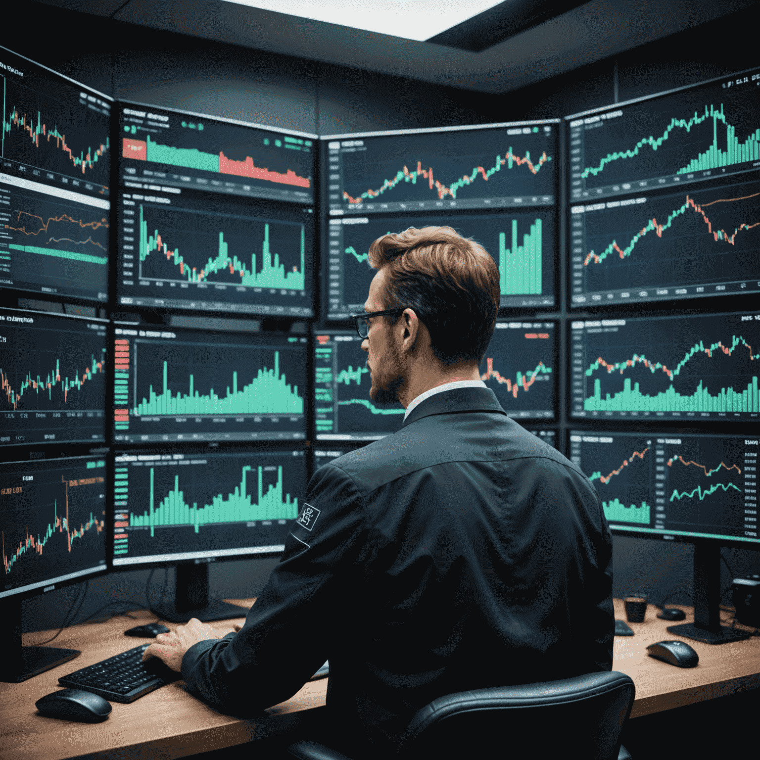 Un trader utilisant une interface futuriste affichant des graphiques de trading en temps réel et des analyses de sentiment basées sur le NLP